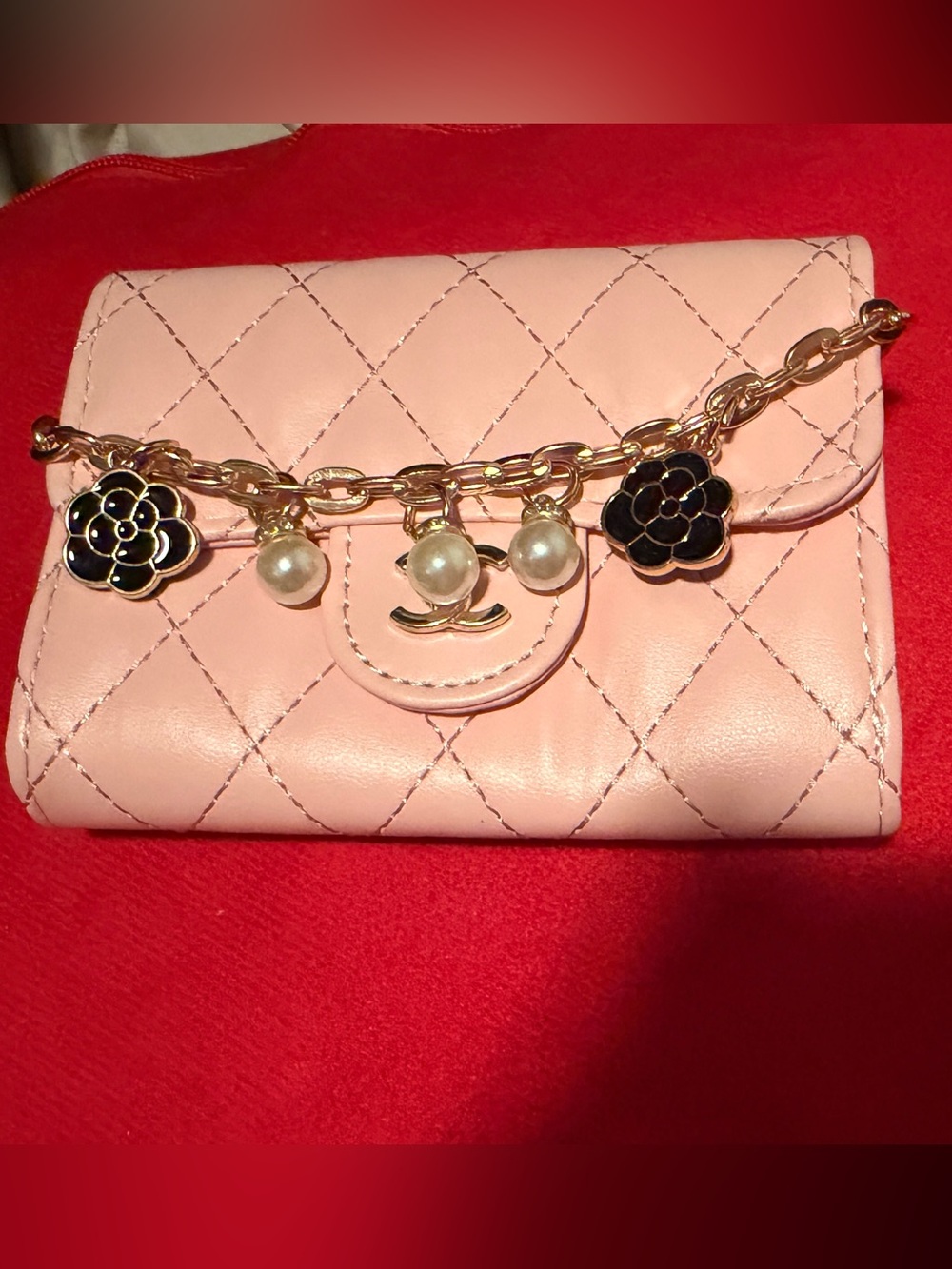 Pink Quilted Leather Wallet/Crossbody Bag with Gold Chain and Pearl Charms